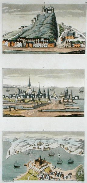 スカンジナビアの港（上からコペンハーゲン、セーゲブルグ要塞、スンド要塞）1800-15年頃、ジュール・フェラリオ著「Le Costume Ancien et Moderne」のプレート50、アンジェロ・ビアソーリ（1790-1830）の彫刻、1820-30年代に出版されたカラーリトグラフ。 作： Fumagalli (after)