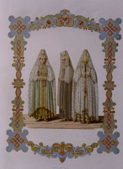 トルジョークの乙女のコスチュームシリーズからのロシアの服、1851 作： Fyodor Grigoryevich Solntsev