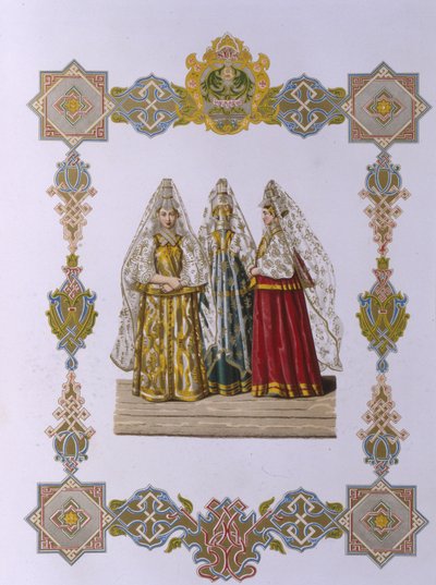 1851年のロシア国家の衣服シリーズからのトルジョークの女性の夏の衣装 作： Fyodor Grigoryevich Solntsev