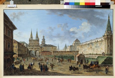 モスクワ、赤の広場の復活門の眺め。 フョードル・ヤコブレビッチ・アレクセーエフ (1753-1824) の絵画。 紙に水彩とグワッシュ、58.2 x 91.2 cm、1801年頃。ロシアの芸術、古典主義。 博物館 作： Fyodor Yakovlevich Alexeev