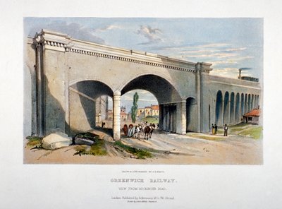 1836 年、ロンドン、バーモンジー、ネキンガー ロードに架かるロンドンとグリニッジ鉄道の橋。 作： GF Bragg