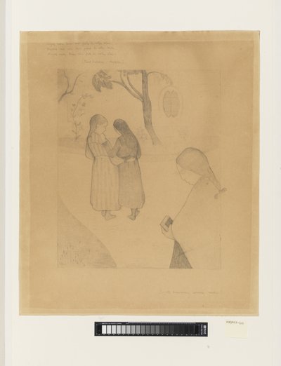 道にいる 3 人の若い女の子、前の 1 人は本を持っている 作： G.F. Clement