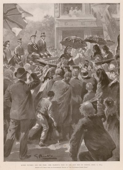 ヴィクトリア女王と貧困層：ロンドンのイーストエンドを訪れた女王、1873年4月2日（グラビア 作： G.S. (after) Amato