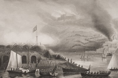 1813年8月31日のサンセバスチアンの嵐、イラストの「海と陸によるイングランドの戦い」。ウィリアムズ大佐（彫刻） 作： G.W. Terry
