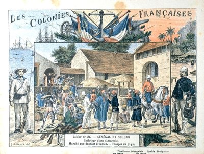 フランスの植民地であるセネガルとスーダンの風景を描いたスクールブックの表紙（19世紀末、カラーリトグラフ） 作： G. (after) Dascher