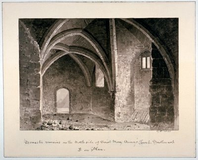 1835 年にロンドンのサザークにあるセント メアリー オーバーリー教会の北側にある修道院の遺跡。 作： G Buckler