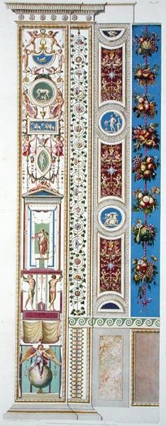 バチカン市国のラファエロのロッジアのパネル、ジョヴァンニ・オッタヴィアーニ（c.1735-1808）が彫った「Delle Loggie di Rafaele nel Vaticano」より、1772-77年に出版された手彩色のエングレーヴィング。 作： G. and Camporesi P. Savorelli