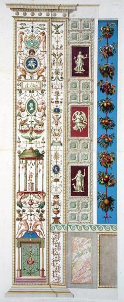 バチカン市国のラファエロのロッジアのパネル、ジョヴァンニ・オッタヴィアーニ（c.1735-1808）が彫った「Delle Loggie di Rafaele nel Vaticano」より、1772-77年に出版された手彩色のエングレーヴィング。 作： G. and Camporesi P. Savorelli