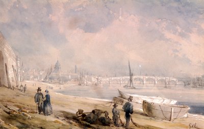 干潮時のテムズ川とブラックフライアーズ橋、ロンドン、1847 年 作： G Chaumont