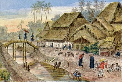 1900年頃、フランス領インドシナ、アナムの村（イラスト） 作： G. Dascher