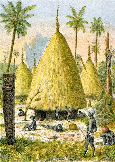 ニューカレドニアのカナケ村、1900-1910年頃（イラスト） 作： G. Dascher