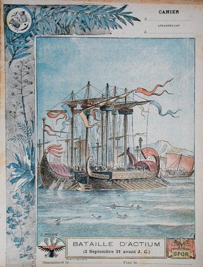 紀元前31年9月2日のアクティウムの戦いを描いた学校の練習帳の表紙、1900年頃（カラーリトグラフ） 作： G. Dascher