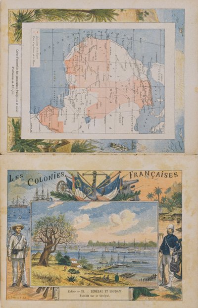 フランスの所有物とアフリカの影響範囲の地図、セネガル川の眺め、学校の練習帳の表紙、19世紀後半（カラー彫刻） 作： G. Dascher