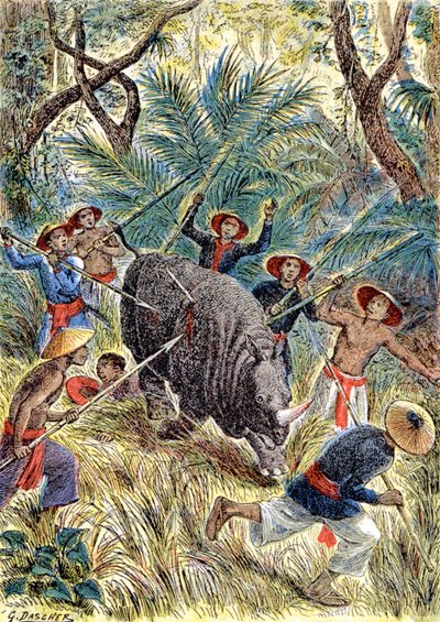 サイ狩り、フランス領インドシナ、1900年頃（イラスト） 作： G. Dascher