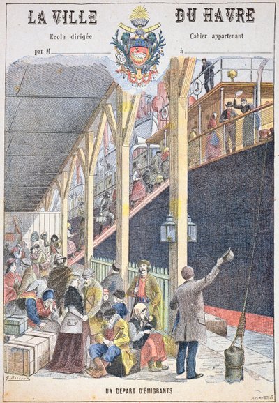 教科書の表紙、ルアーブルからの移民の出発 作： G. Dascher