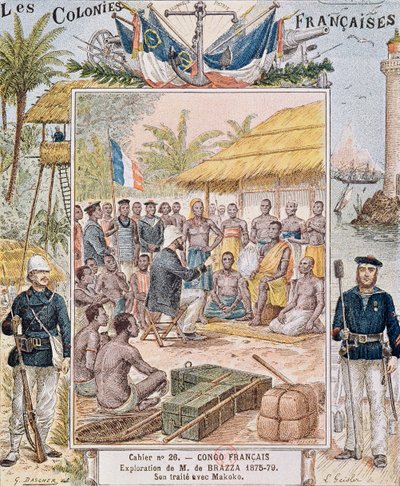 M.デブラザの探検（1875-79年）マココとの彼の条約、「Les Colonies Francaises」のイラスト 作： G. Dascher