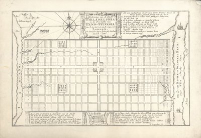 1682年、1684年にウィリアムペンとトーマスホルムによって考案されたフィラデルフィアの最初の計画 作： G. Drogenham