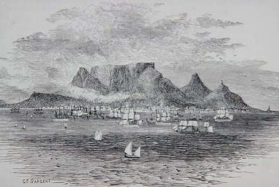 南アフリカ・テーブルベイから見たケープタウン（1880年頃発行のトーマス・ミルナー牧師の「The Gallery of Geography」より）（彫刻 作： G. F. (after) Sargent