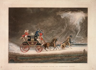 1827年、サフォーク州ニューマーケット・ヒースの雷雨の中の郵便馬車。 作： G Reeves