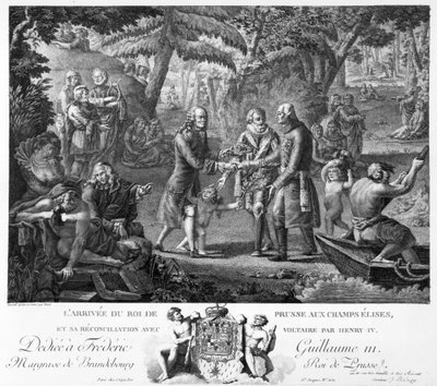 アンリ4世（1553-1610）が18世紀後半のエリシアンフィールズでフレデリックウィリアム2世（1744-97）とヴォルテール（1694-1778）を和解させた 作： G. Texier