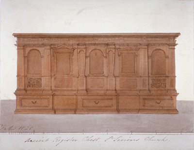 1825年、ロンドンのサザーク大聖堂の古代レジスターチェスト 作： G Yates