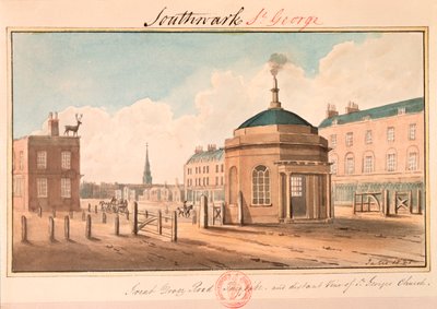 「グレート ドーバー ロード ターンパイクと聖ジョージ教会の遠景」、サザーク、ロンドン、1825 年 作： G Yates