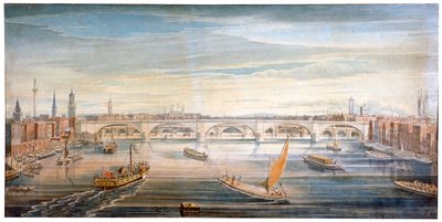 1831年、テムズ川にボートやはしけがある、西から見た新しいロンドン橋。 作： G Yates