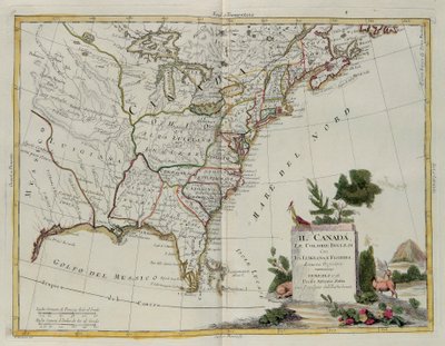 カナダ、ルイジアナ州とフロリダ州のイギリス植民地、G。ズリアーニによる彫刻。1778年にヴェネツィアでアントニオザッタによって公開された最新のアトラスのトメIから採録された、プライベートコレクション 作： G. Zuliani