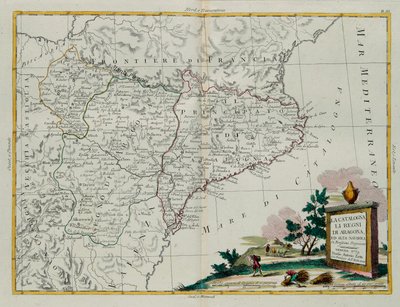 カタルーニャ、アラゴンとアルタナバーラの王国、G。ズリアーニによる彫刻。1775年にヴェネツィアでアントニオザッタによって公開された最新のアトラスのトメIから、プライベートコレクションが彫刻されました。 作： G. Zuliani