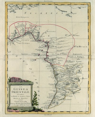 ロアンゴ王国、コンゴ王国、アンゴラ王国、ベンゲラ王国を含む東ギニア、アントニオ・ザッタが1784年にヴェネツィアで出版した「最新アトラス」の第4巻から抜粋したG.ズリアーニの彫刻、個人蔵 作： G. Zuliani