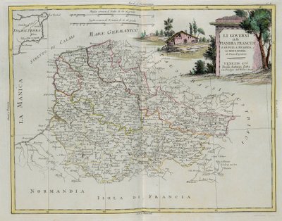 フランスのフランダース、アルトワ、ピカルディ、ブローノワのガバナンス、G。ズリアーニによる彫刻。1776年にヴェネツィアで出版されたアントニオザッタによって公開された最新のアトラスのトメIから、プライベートコレクション 作： G. Zuliani