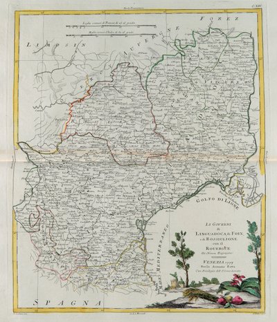 ランゲドク、フォワ、ルシヨンのルエルグによる統治、G。ズリアーニによる彫刻。アントニオザッタが1777年にヴェネツィアで発表した最新の地図帳のトメIから、プライベートコレクション 作： G. Zuliani