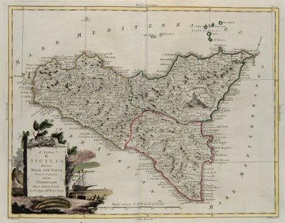 渓谷に分かれたシチリア島。1782年にヴェネツィアでアントニオザッタがプライベートコレクションとして公開した最新のアトラスのトメIIから撮影されたG.ズリアーニの彫刻 作： G. Zuliani