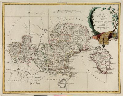 アントニオ・ザッタが1782年にヴェネツィアで出版した「最新アトラス」の第2巻から抜粋したG.ズリアーニのエングレーヴィングによるヴェネト州の州ごとの土地面積、個人蔵 作： G. Zuliani