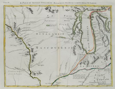 Outagamie, Mascoutin, Illinois Indians and part of Six Nationsの土地、アントニオ・ザッタが1778年にヴェネツィアで出版した「最新アトラス」の第1巻から抜粋したG.ズリアーニのエングレーヴィング、個人蔵 作： G. Zuliani