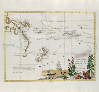 1775年にヴェネツィアでアントニオザッタによって公開された最新のアトラスのトメIから採集されたG.ズリアーニによる彫刻で、1775、67、69年に南洋で行われた新しい発見、プライベートコレクション 作： G. Zuliani