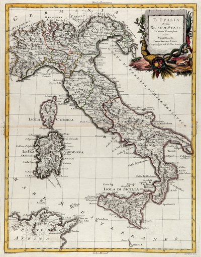イタリアの政治地図、アントニオ・ザッタが1782年にヴェネツィアで出版した「最新アトラス」の第2巻からG.ズリアーニが彫ったもの、個人蔵 作： G. Zuliani