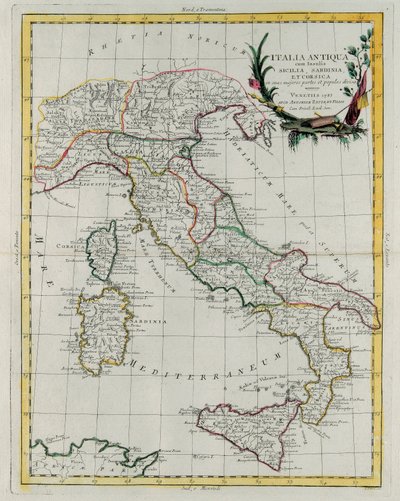 イタリアの政治地図、アントニオ・ザッタが1785年にヴェネツィアで出版した「ノヴィッシモ・アトラス」の第4巻からG・ズリアーニが彫ったもの、個人蔵 作： G. Zuliani