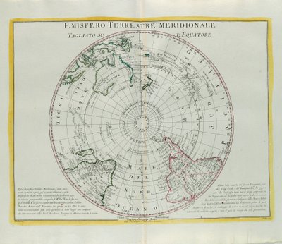 地球の南半球が赤道でカットされ、アントニオザッタによって1779年にヴェネツィアで公開された最新のアトラスのトメIから取られたG.ズリアーニの彫刻 作： G. Zuliani