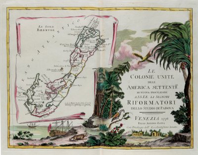 アントニオ・ザッタが1778年にヴェネツィアで出版した「最新アトラス」の第1巻から抜粋したG・ズリアーニのエングレーヴィング作品「バミューダ諸島」と「北米連合植民地」のセクションの表紙 個人蔵 作： G. Zuliani