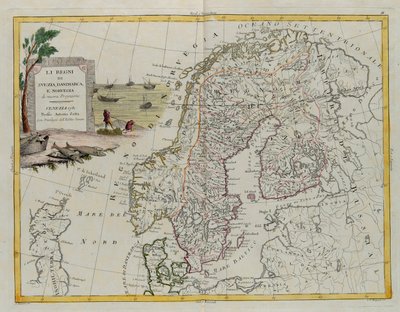 アントニオ・ザッタが1781年にヴェネツィアで出版した「最新アトラス」の第3巻から抜粋したG・ズリアーニのエングレーヴィング「スウェーデン、デンマーク、ノルウェーの王国」、個人蔵 作： G. Zuliani