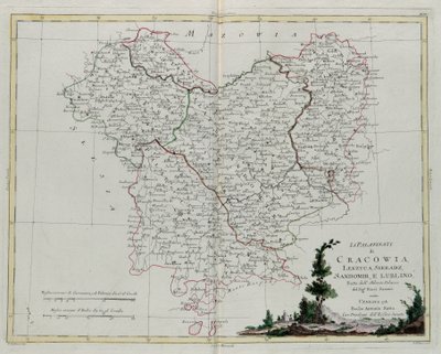 アントニオ・ザッタが1781年にヴェネツィアで出版した「最新アトラス」の第3巻から抜粋したG.ズリアーニのエングレーヴィング（クラコフ、レキッカ、シエラッズ、サンドミール、ルブリンのプファルツ）、プライベート・コレクション 作： G. Zuliani