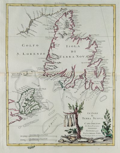 ニューファンドランドとケープ・ブレトンの島々、アントニオ・ザッタが1778年にヴェネツィアで出版した「最新アトラス」の第1巻から抜粋したG・ズリアーニのエングレーヴィング、プライベート・コレクション 作： G. Zuliani