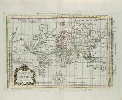 アントニオ・ザッタが1774年にヴェネツィアで出版した「最新アトラス」の第1巻から、G.ズリアーニが彫刻した「世界地図と地球の一般的な説明」を絵に落としたもの。 作： G. Zuliani