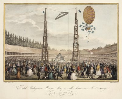 飛行船レティレミガ、1838年のボロネーゼのムツィオムッツィ（1809-46）の飛行 作： G. after Meloni