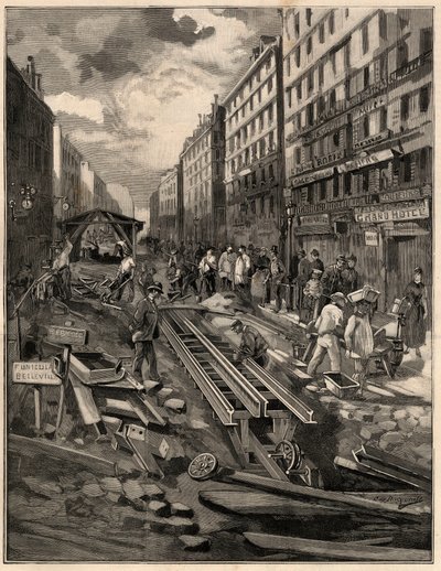 ベルヴィル ケーブルカーは、1894 年にベルヴィル通りに線路を敷設しました。 デ・バーグラフの絵。 1894年の「イラストの世界」で。 作： G. de Burgraff