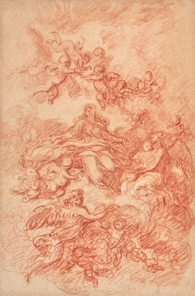 翼のある天使に囲まれた聖母（黒鉛と赤チョークの痕跡） 作： Gabriel Francois Doyen