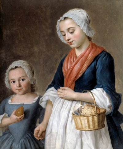 教室で運転する少女 小さな娘の味を籠に抱えた母親。 Gabriel Gresly (1712-1756) の絵画の詳細 作： Gabriel Gresly