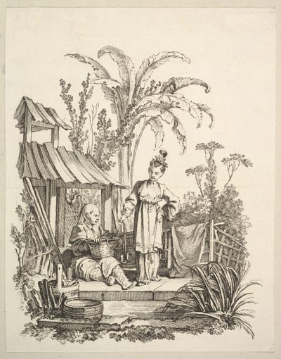座っている中国人男性と魚を運ぶ女性1742年。 作： Gabriel Huquier