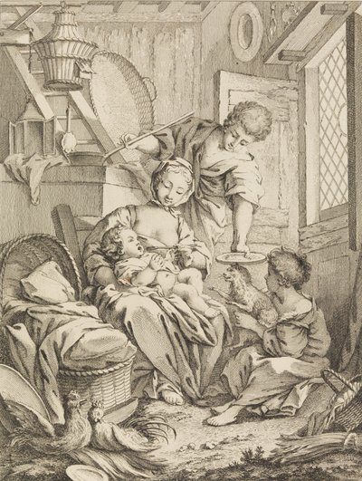 プレート 1: 乳児に餌をやる若い女性、Premier Livre de Subjects et Pastorales Fi...、1720-72 より。 作： Gabriel Huquier